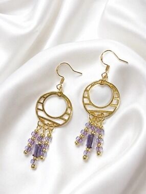Reimagined AB Glass Bead Heart Dangle Earrings Gold Plated 925 Hooks 2.5” NWT